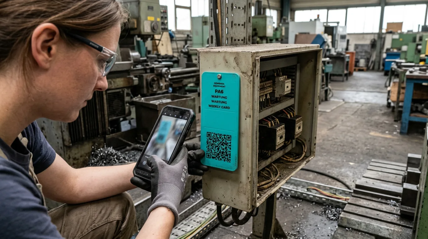 Instandhalterin scannt eine Gembara-Karte an einem Schaltschrank in einer Metallfabrik