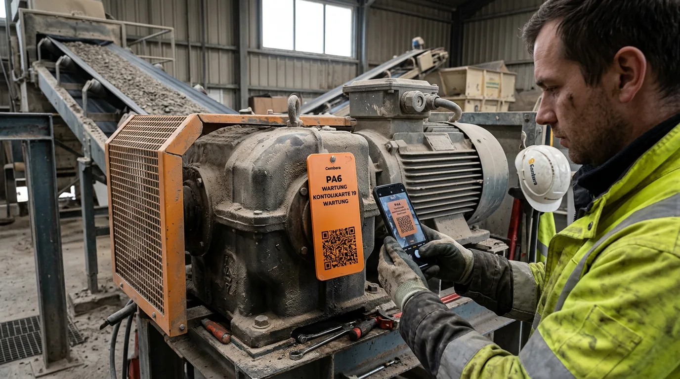 Instandhalter scannt eine orange Wartungskarte an Motor und Getriebe einer Förderanlage