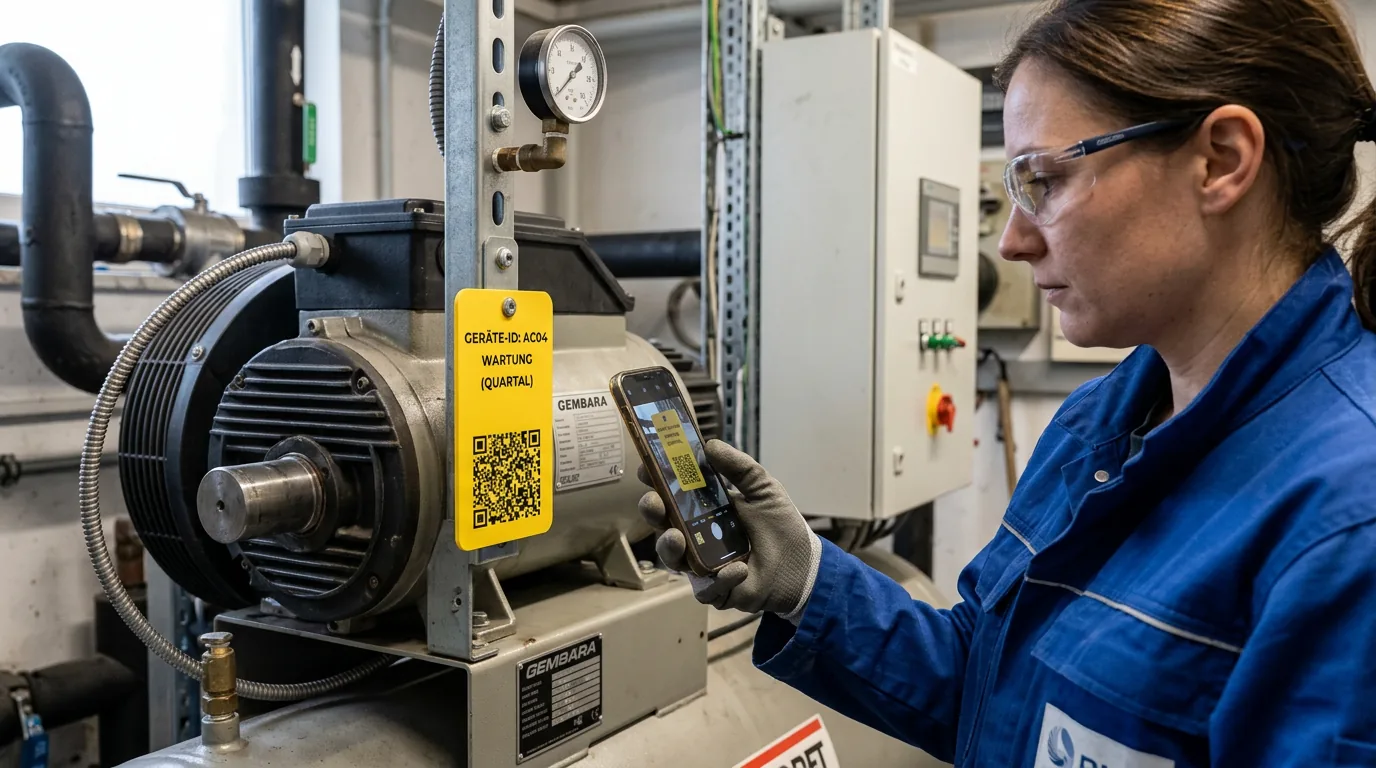 Servicetechnikerin scannt eine gelbe Wartungskarte an einem Industriekompressor