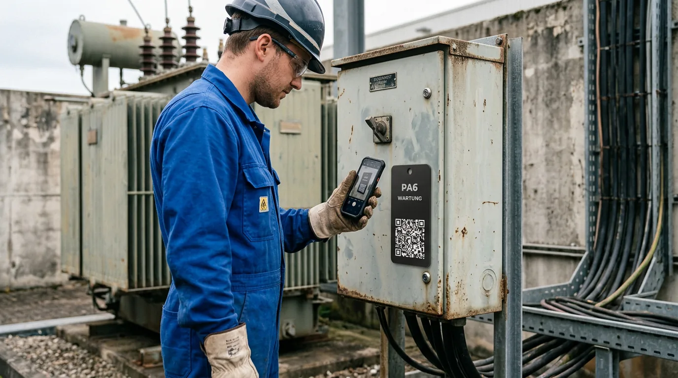 Industrieelektriker scannt eine schwarze Wartungskarte an einer Außenstation