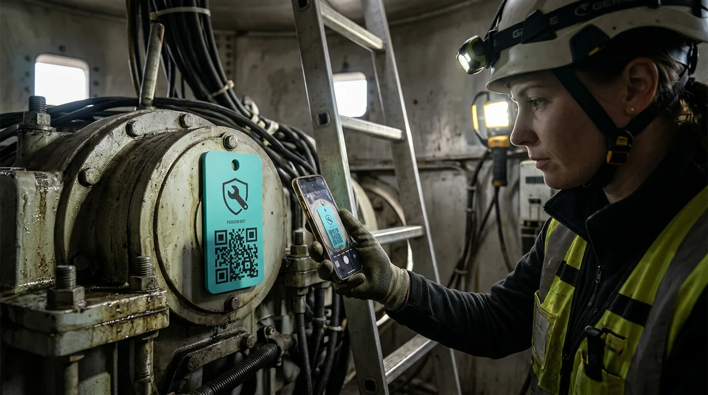 Servicetechnikerin scannt eine Gembara-Karte im Inneren einer Windkraftanlage
