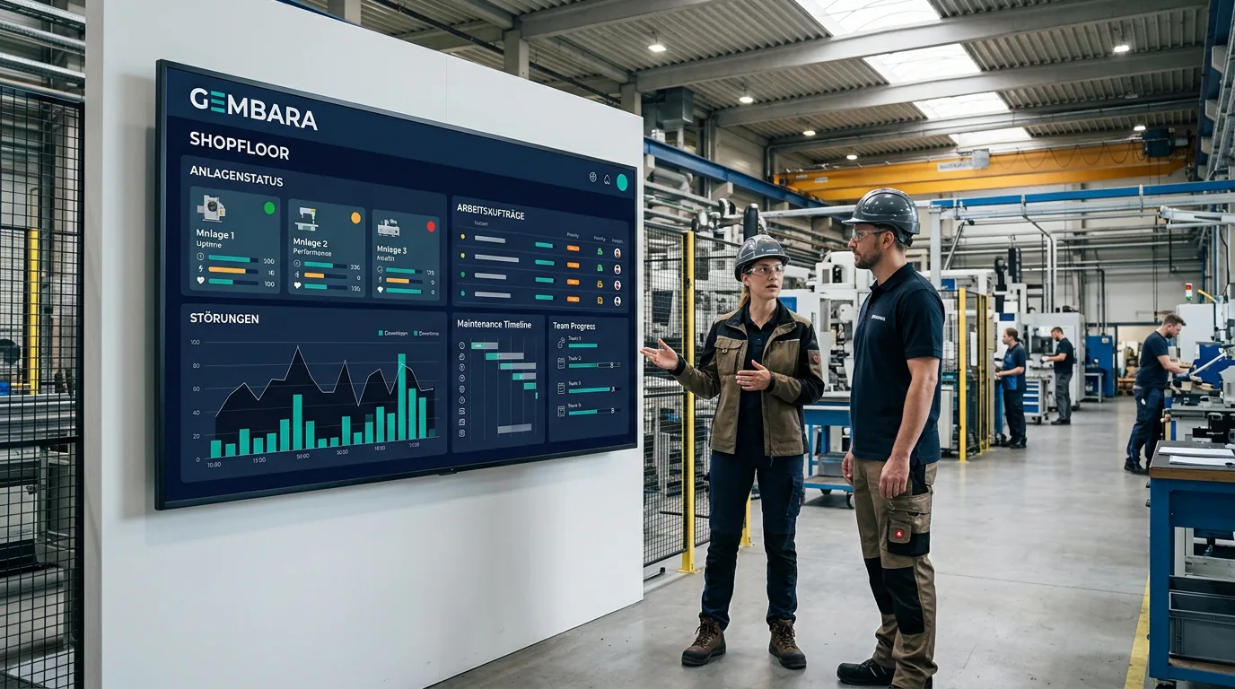 Instandhaltung und Produktion betrachten gemeinsam das Gembara-Shopfloor-Dashboard