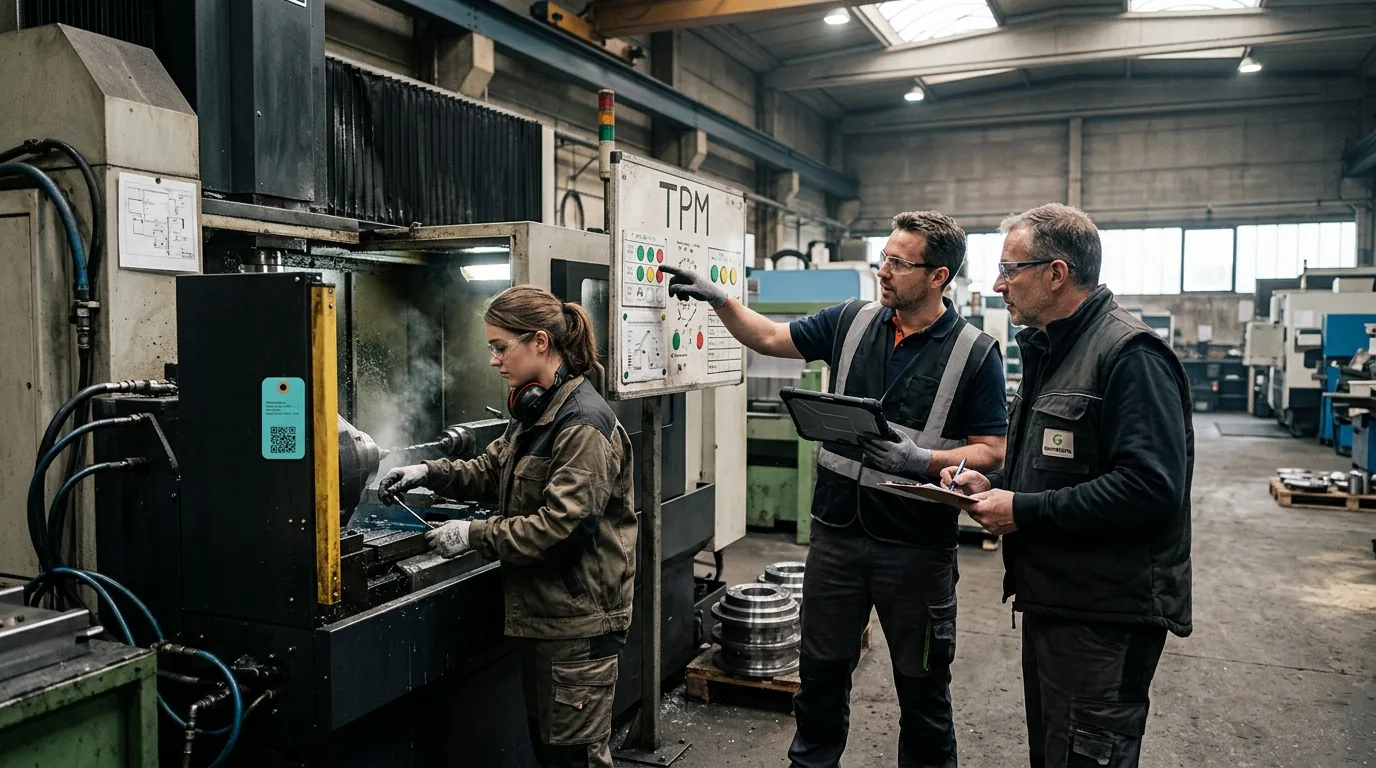TPM-Team arbeitet gemeinsam direkt an einer Produktionsmaschine